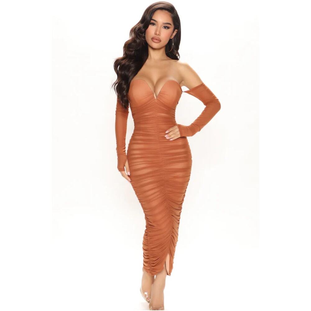 NWT Fashion Nova Malani Mesh Midi Dress Set Women's Rust Ruched Gloves Y2K Sz S